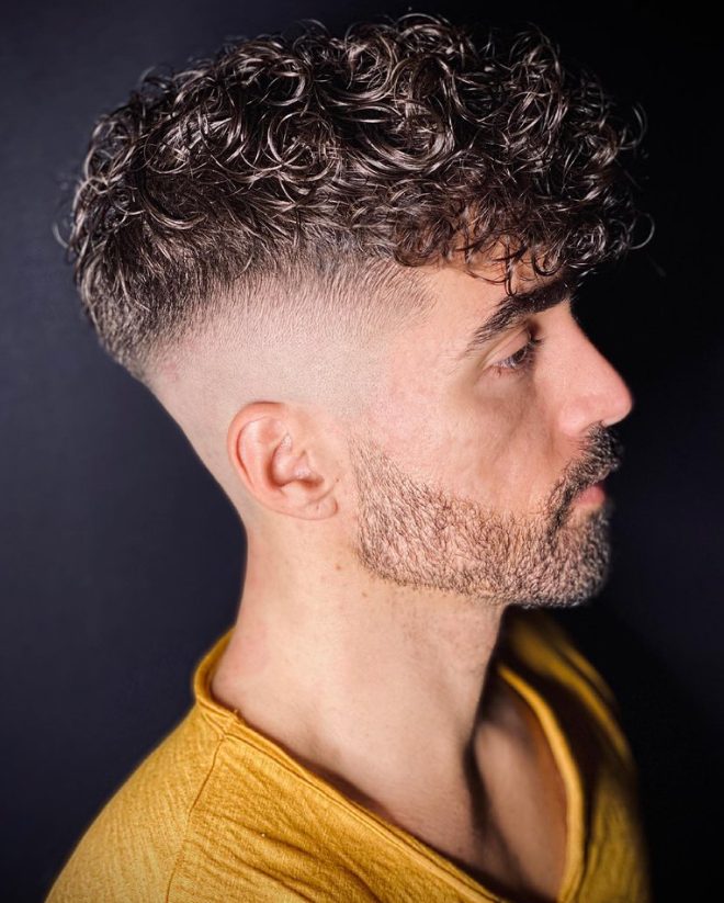 Curly Fade Haircut With Facial Hairs